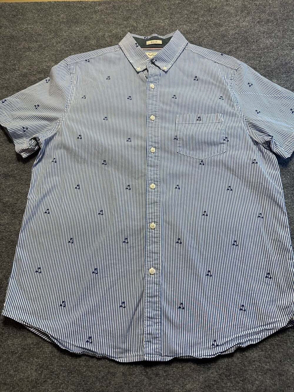 Hawker Rye Men L Blue White Striped Palm Tree Embroidered Short Sleeve Shirt